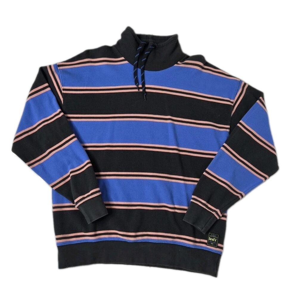 Levi's Funnel Neck Knit Pullover Sweater Off Shore Palace Blue Rugby Stripe M - Picture 2 of 10
